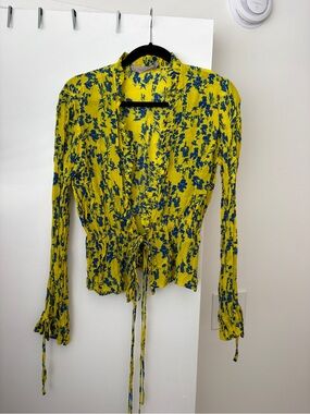 Floral Tie-Front V-Neck Blouse - Yellow with Blue Floral Print